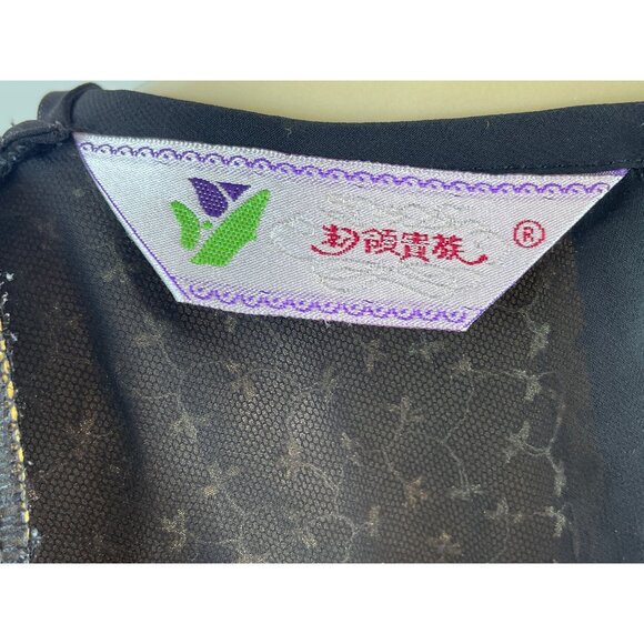 Vintage-Inspired Black & Beige Floral Midi Dress With Sheer Sleeves & Tie-Back - Picture 6 of 7